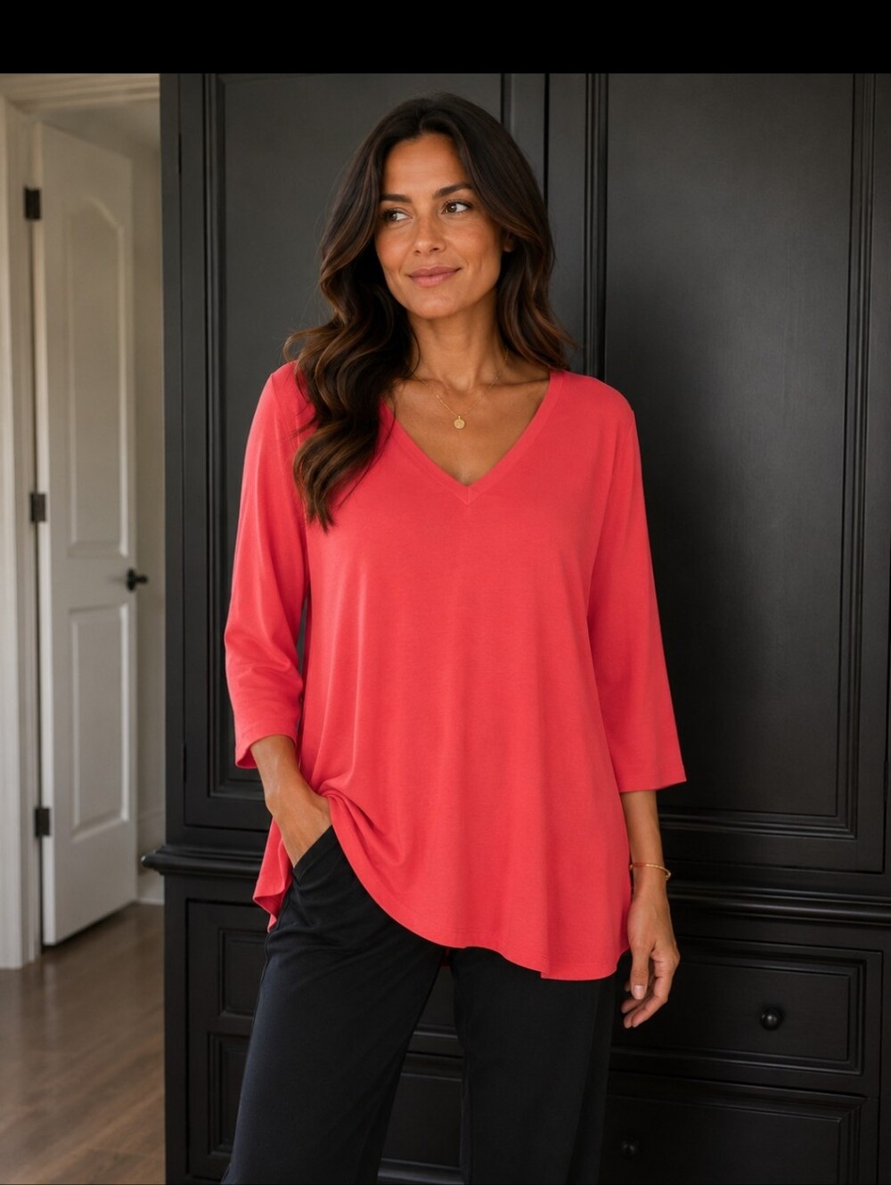 Isaac Mizrahi Coral Red V-Neck Long Sleeve Top